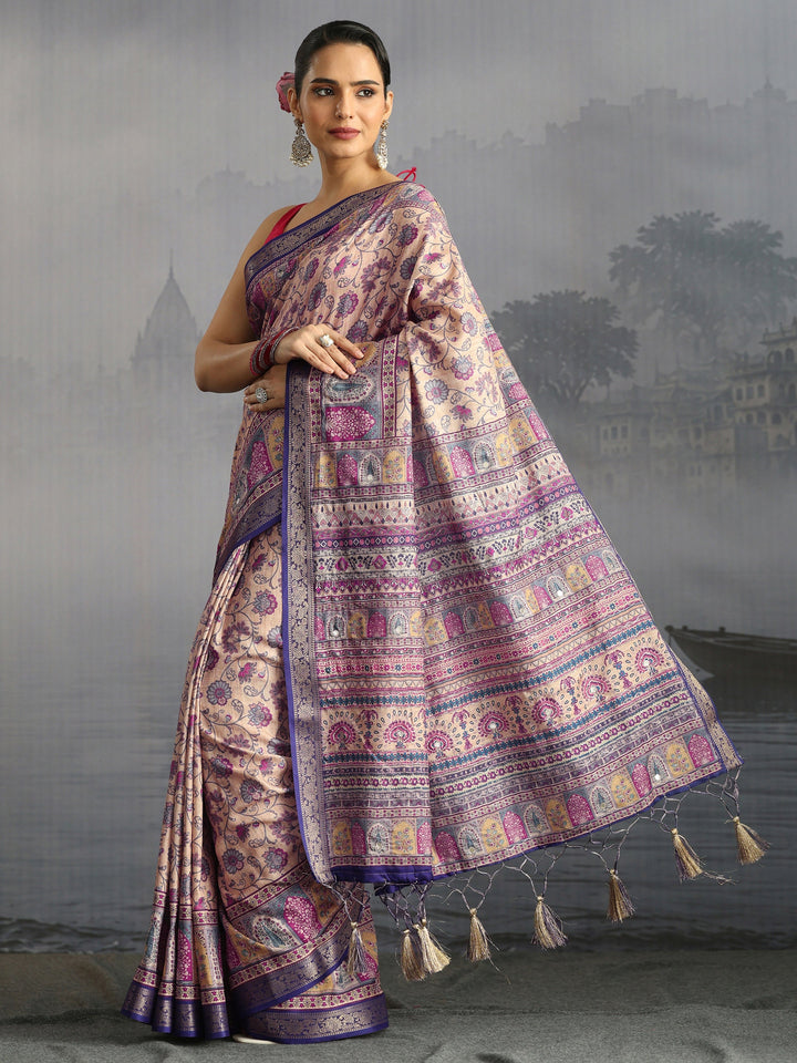 Libas Beige Floral Printed Silk Blend Tassel Saree