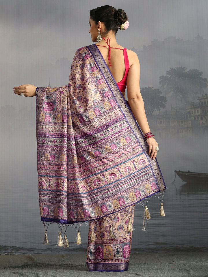 Libas Beige Floral Printed Silk Blend Tassel Saree