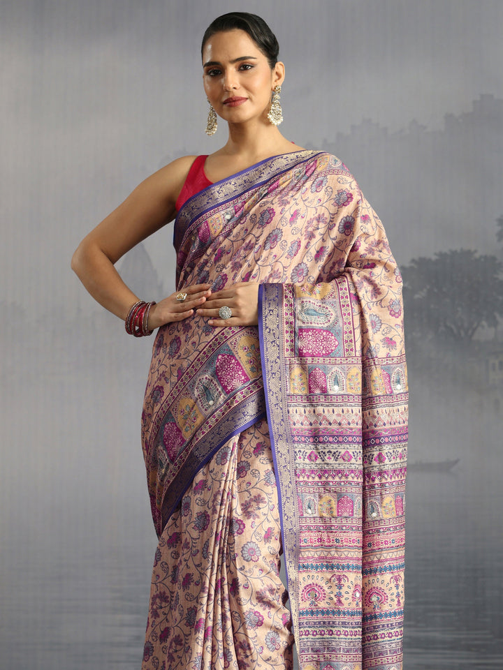 Libas Beige Floral Printed Silk Blend Tassel Saree