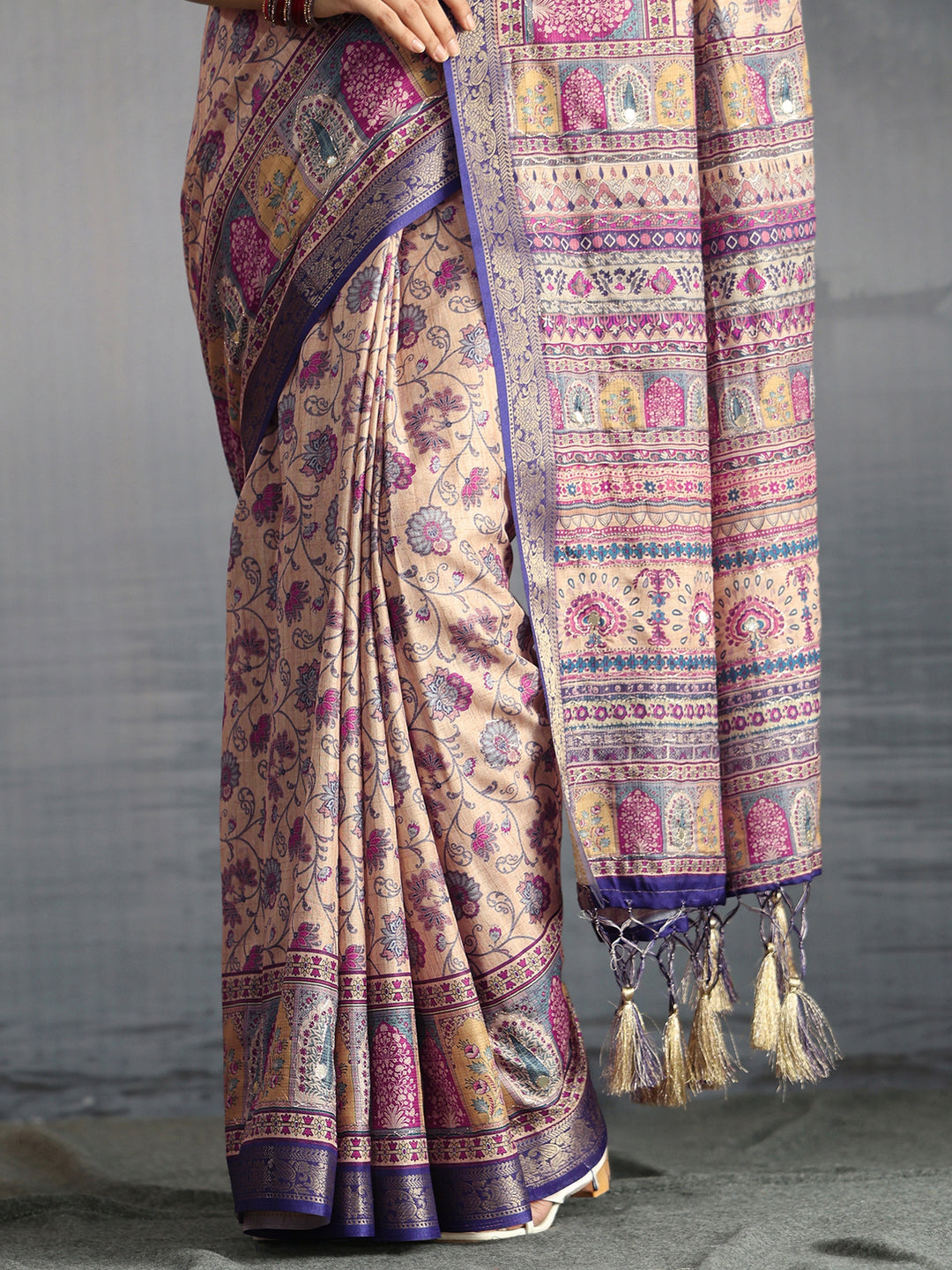 Libas Beige Floral Printed Silk Blend Tassel Saree
