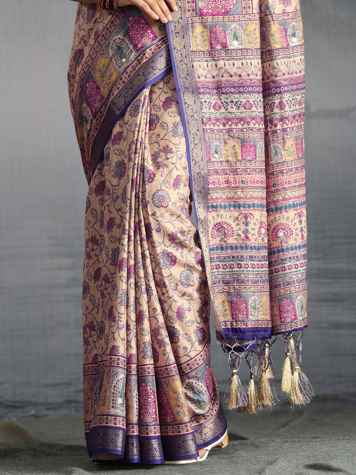 Libas Beige Floral Printed Silk Blend Tassel Saree