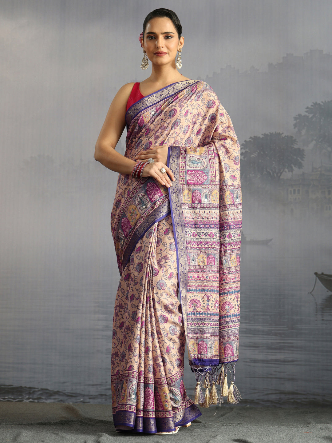 Libas Beige Floral Printed Silk Blend Tassel Saree
