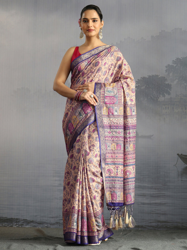 Libas Beige Floral Printed Silk Blend Tassel Saree