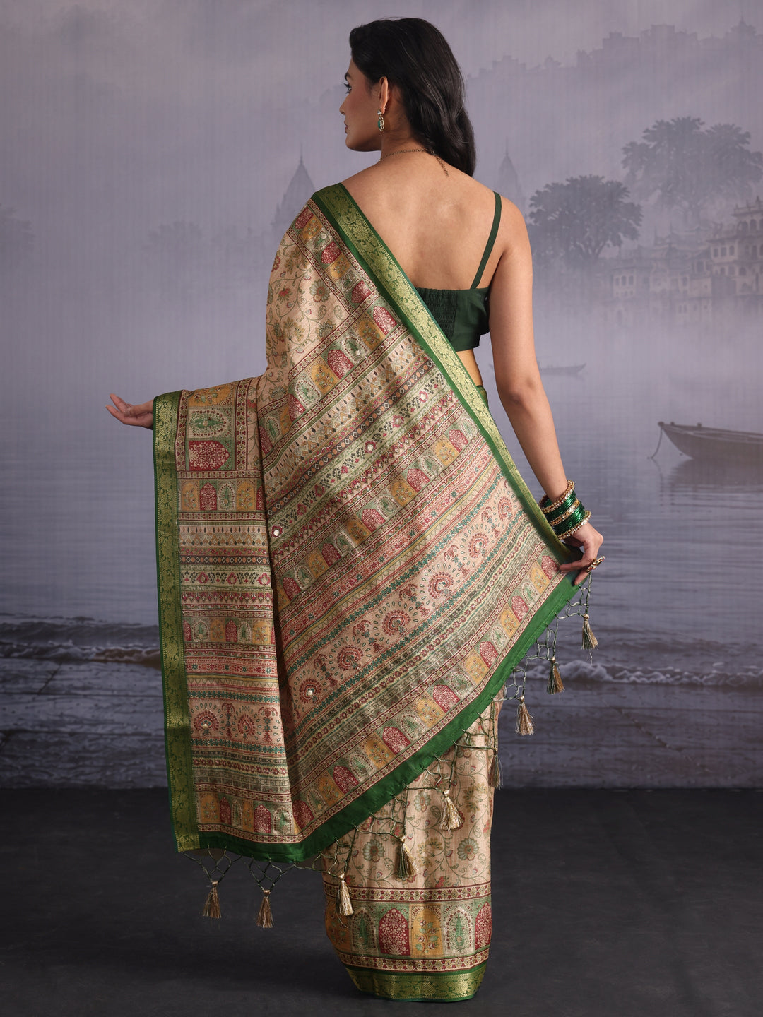 Libas Beige Floral Printed Mirror Work Silk Blend Tassel Saree