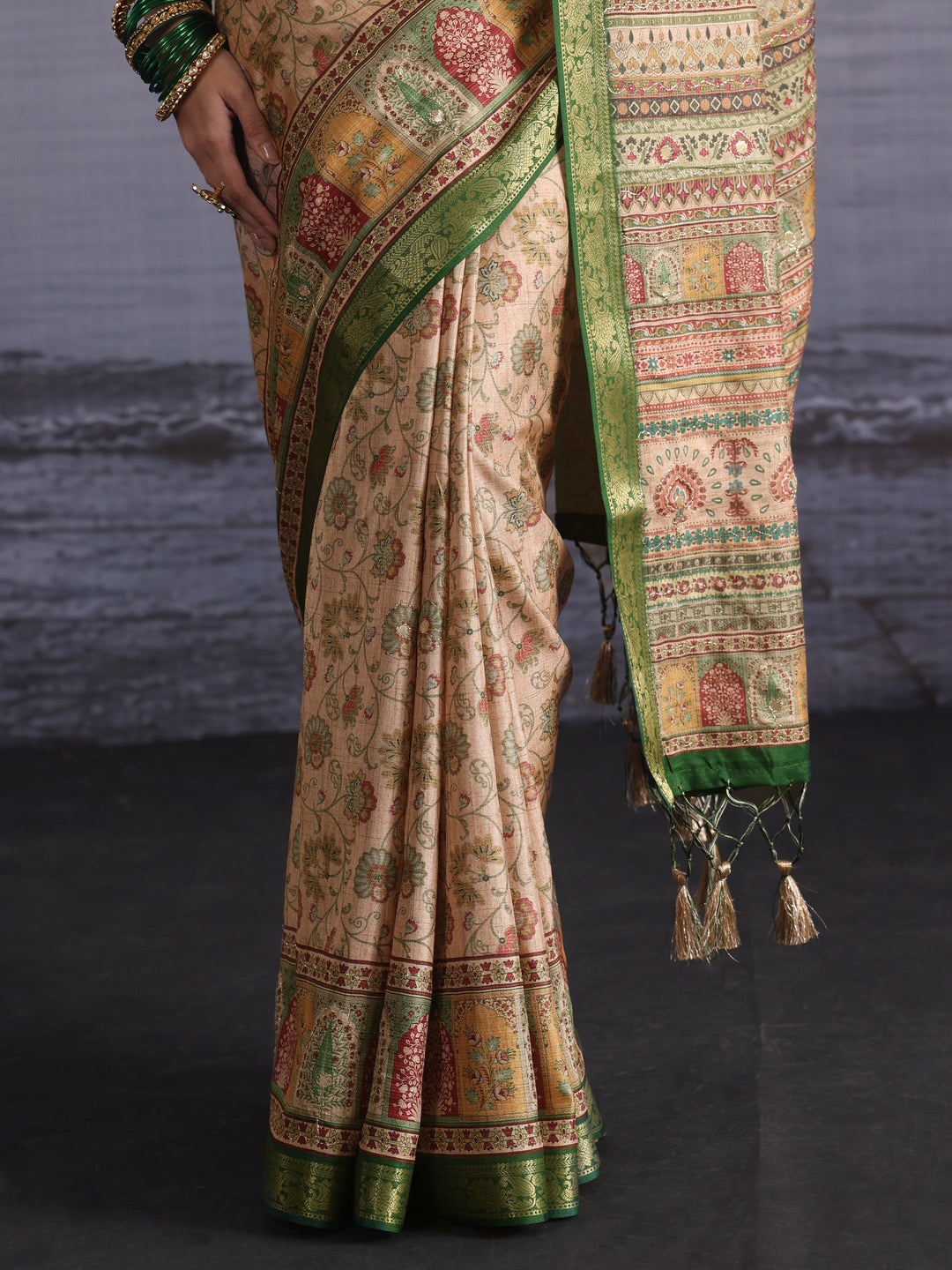 Libas Beige Floral Printed Mirror Work Silk Blend Tassel Saree