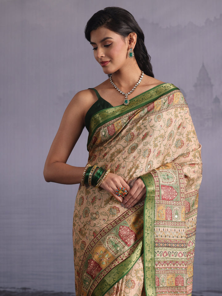 Libas Beige Floral Printed Mirror Work Silk Blend Tassel Saree