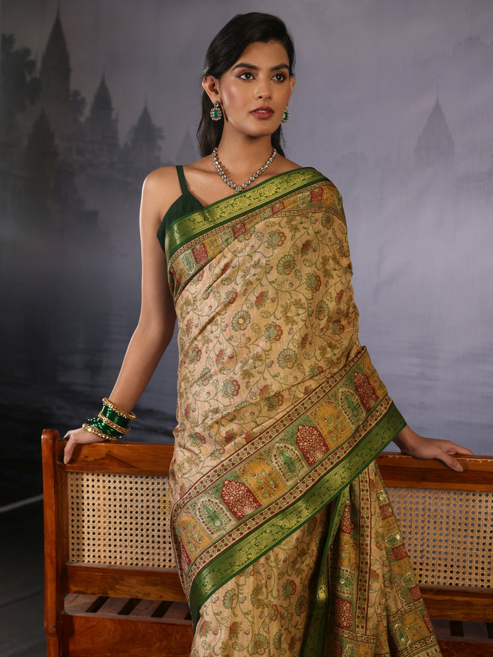 Libas Beige Floral Printed Mirror Work Silk Blend Tassel Saree