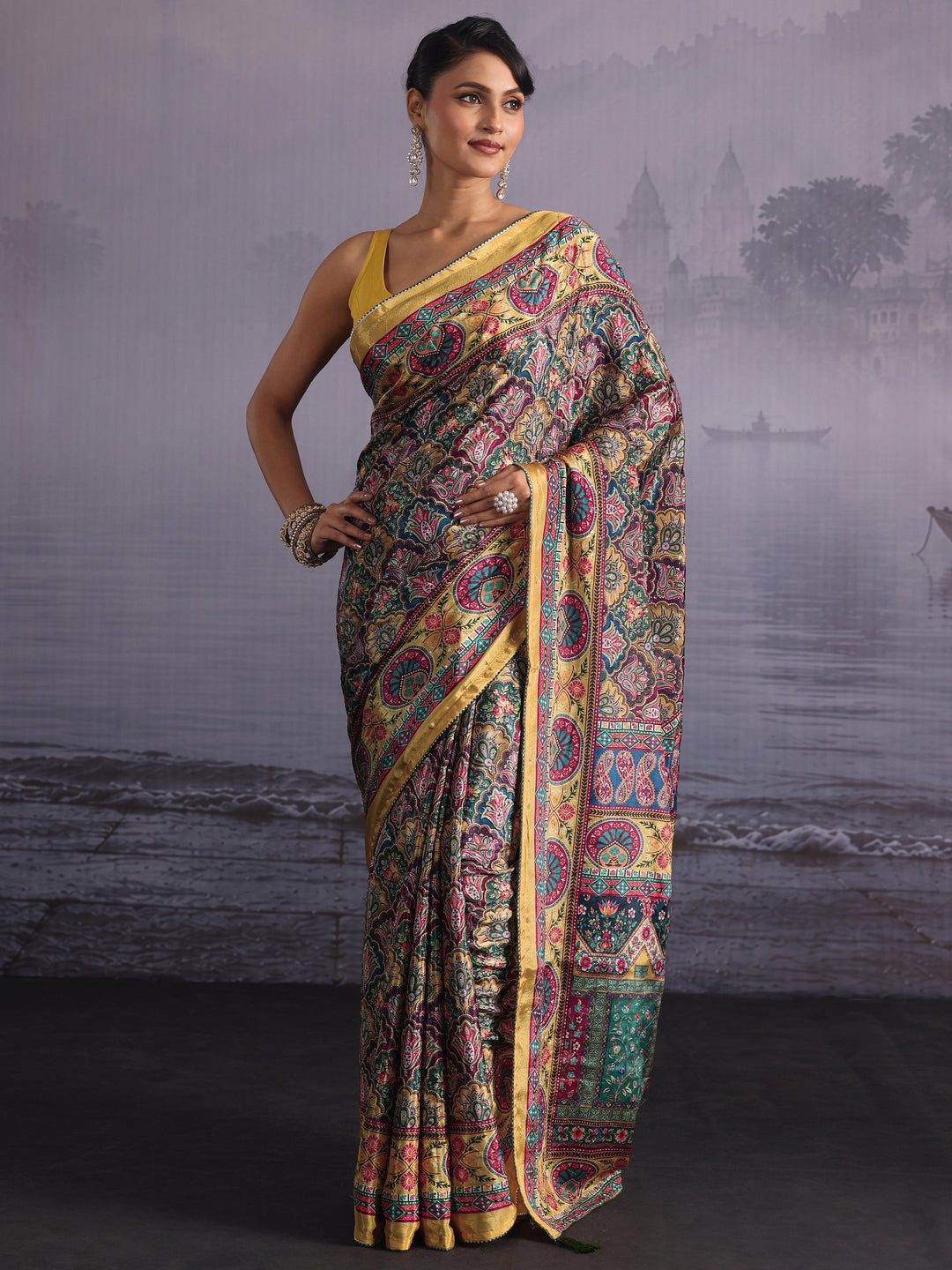Libas Mustard Multi Print Satin Saree