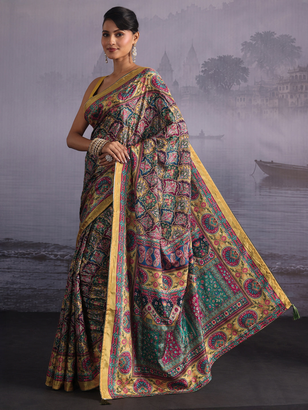 Libas Mustard Multi Print Satin Saree