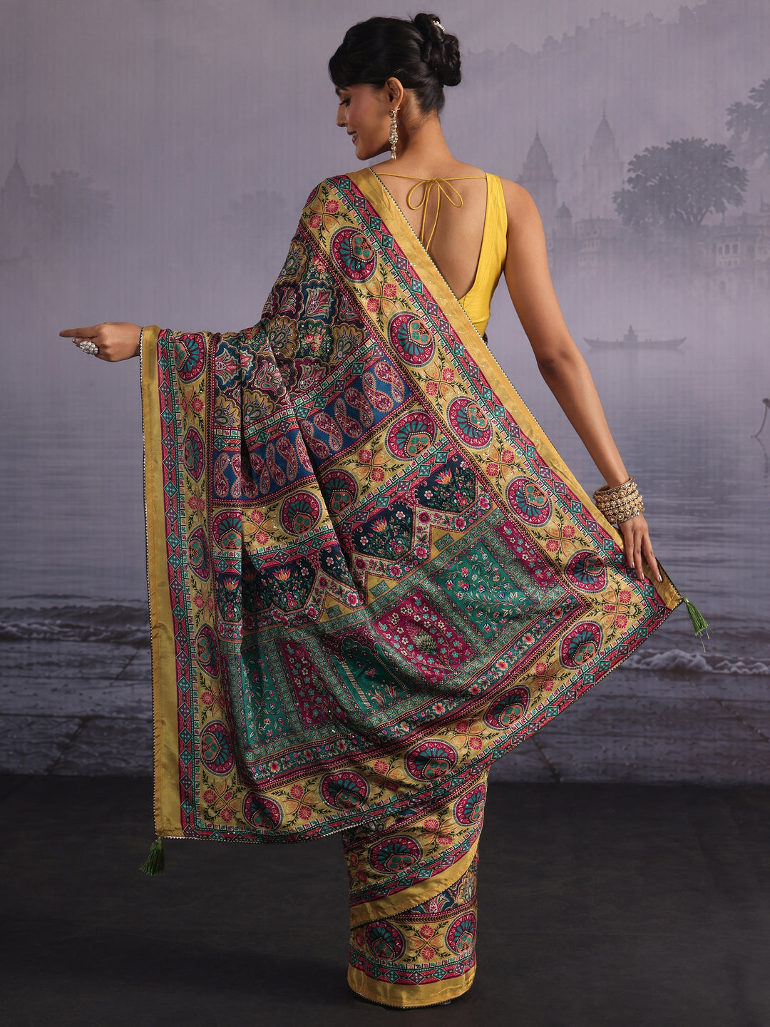 Libas Mustard Multi Print Satin Saree
