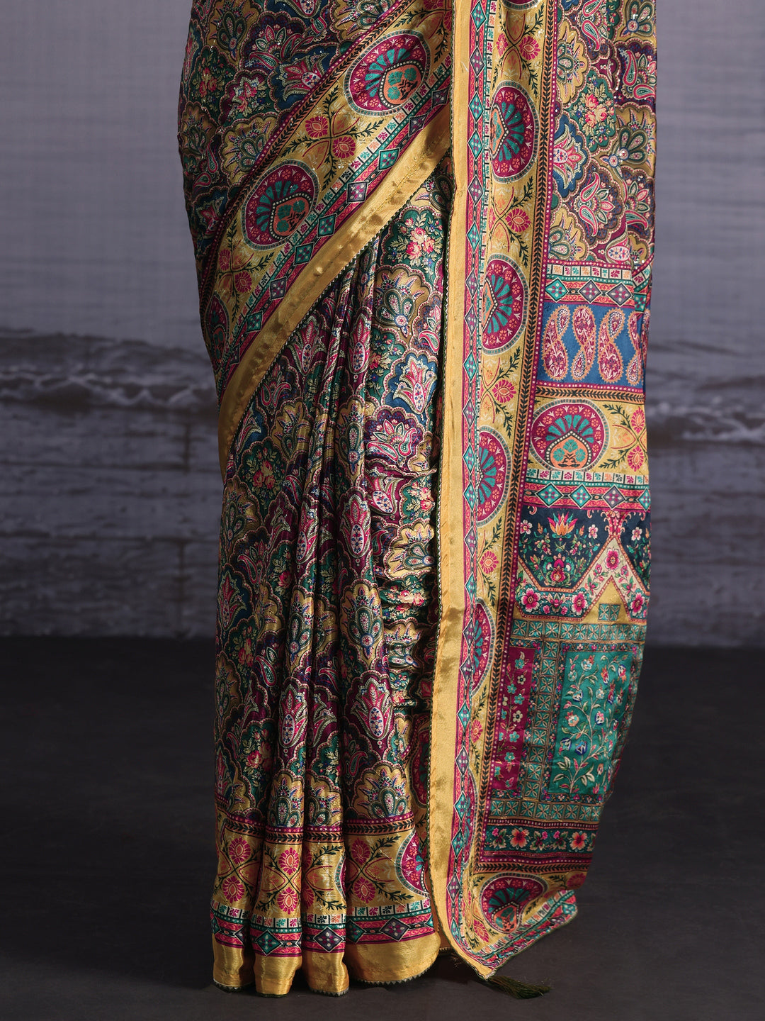 Libas Mustard Multi Print Satin Saree