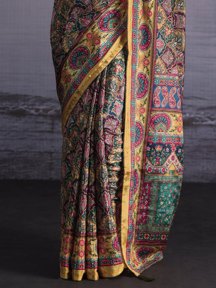 Libas Mustard Multi Print Satin Saree