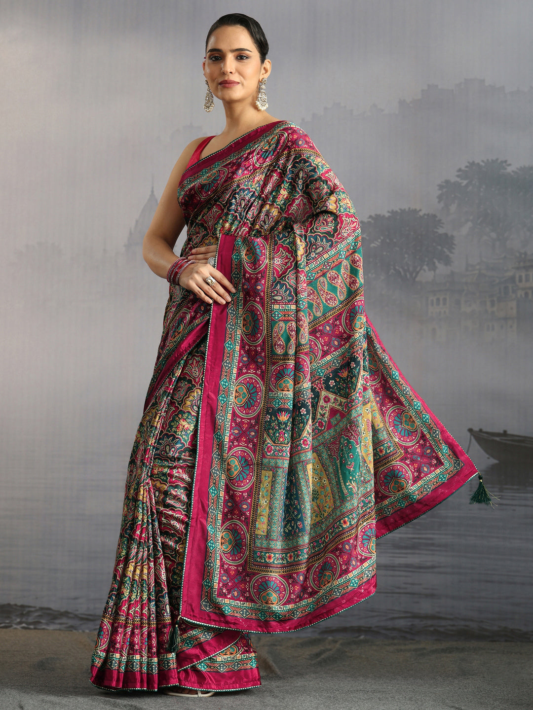Libas Multicolour Printed Satin Saree