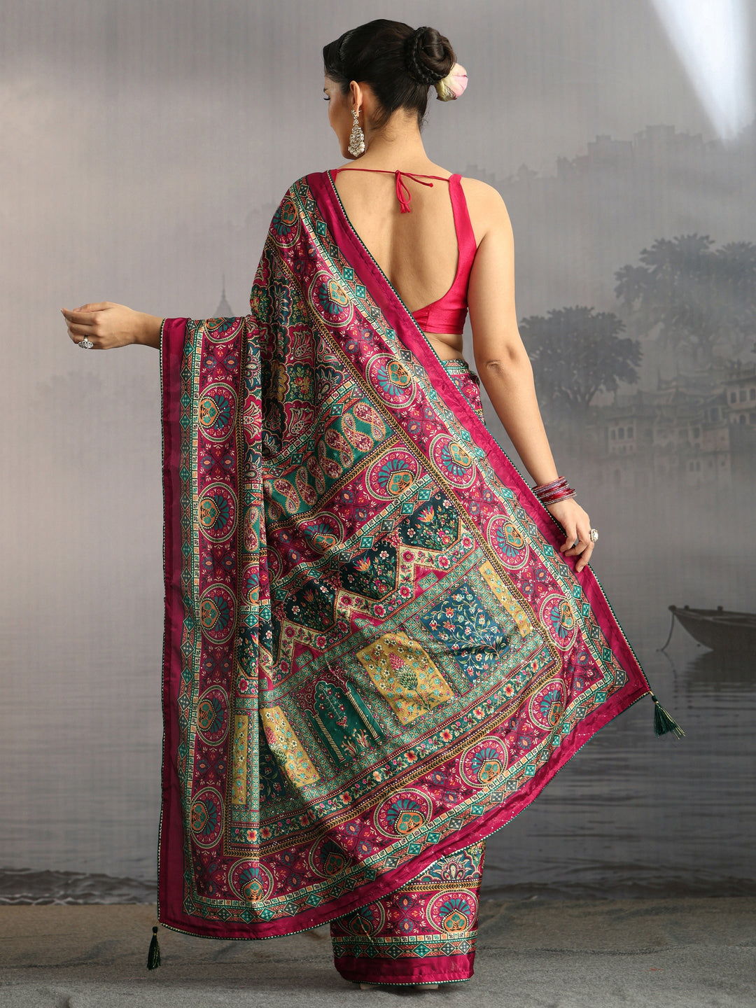 Libas Multicolour Printed Satin Saree