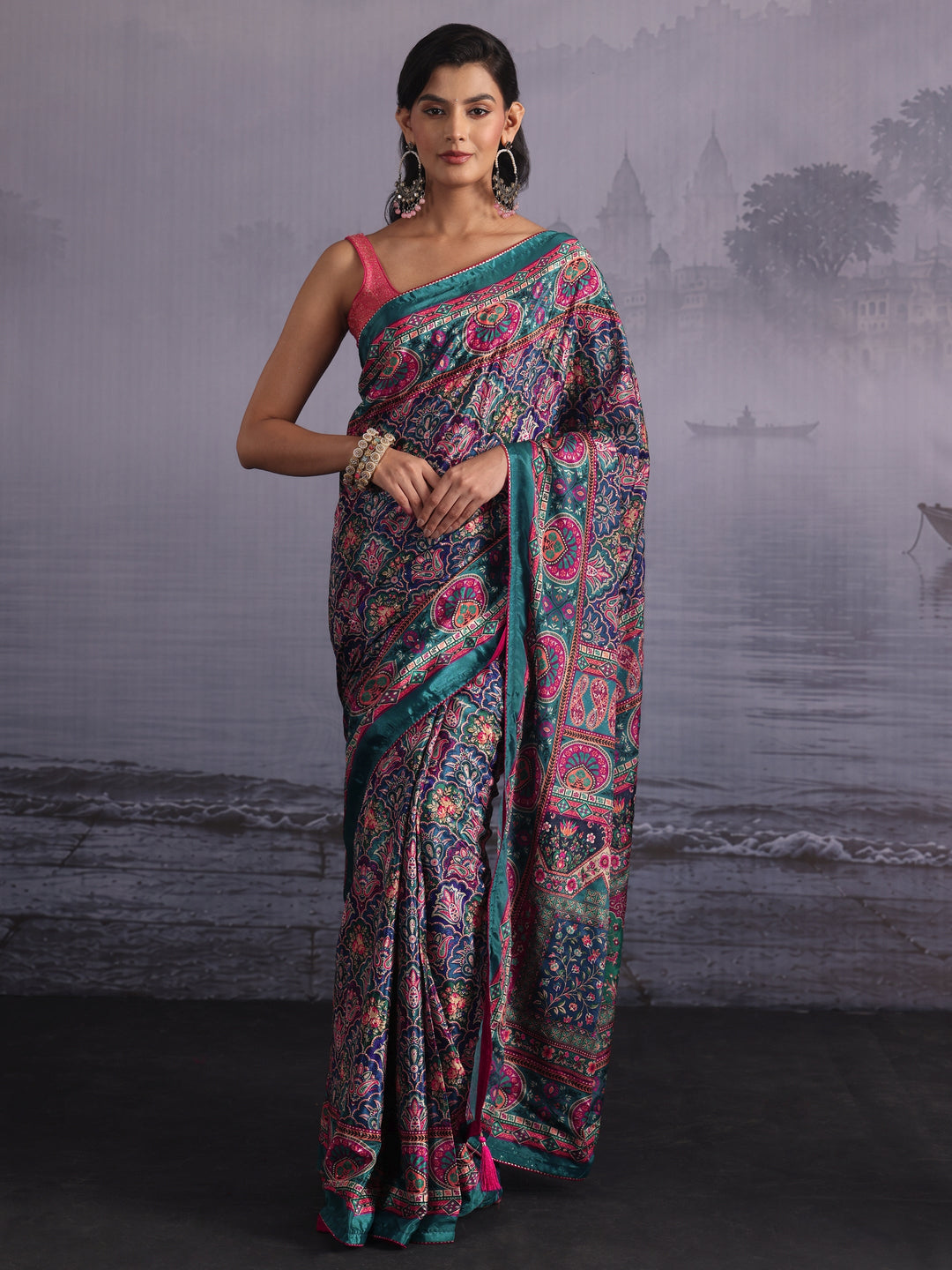 Libas Teal Blue Multi Print Satin Saree