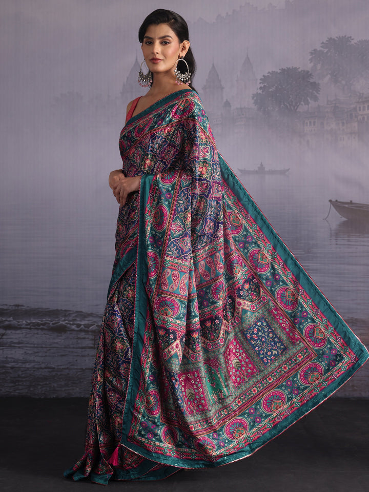 Libas Teal Blue Multi Print Satin Saree