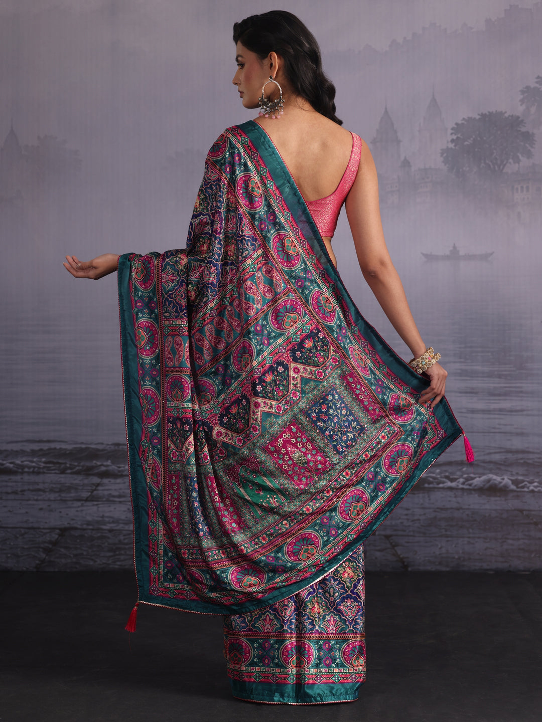Libas Teal Blue Multi Print Satin Saree