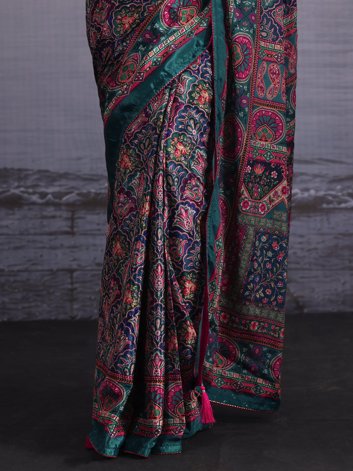 Libas Teal Blue Multi Print Satin Saree