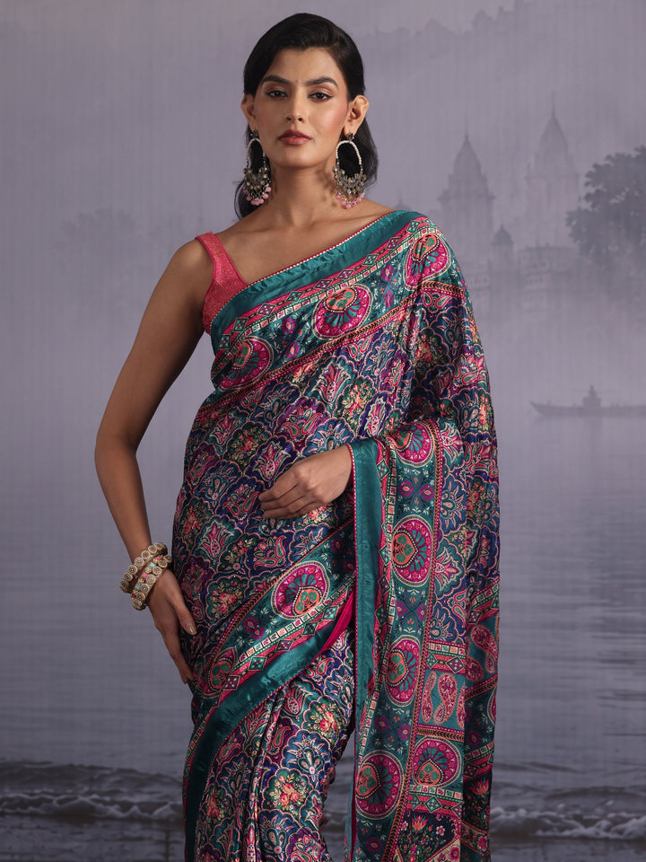 Libas Teal Blue Multi Print Satin Saree