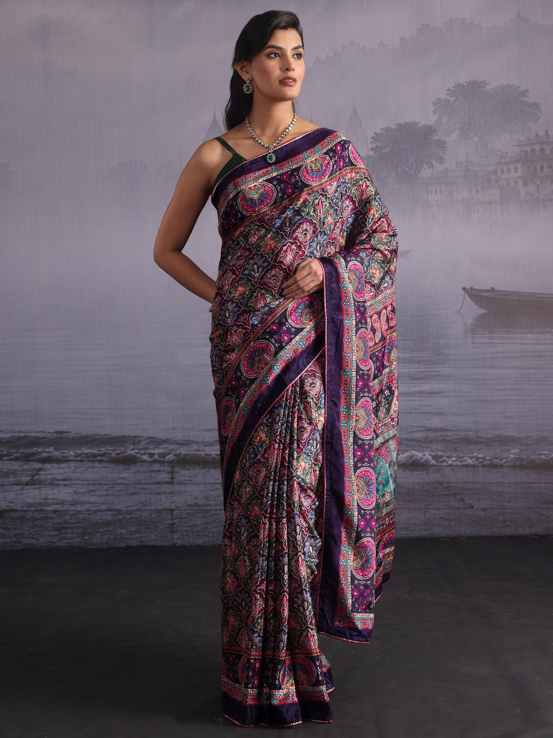 Libas Purple Multi Print Satin Saree