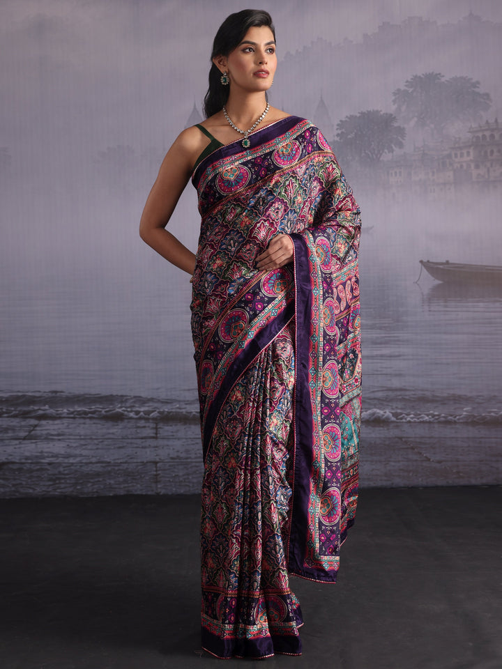 Libas Purple Multi Print Satin Saree