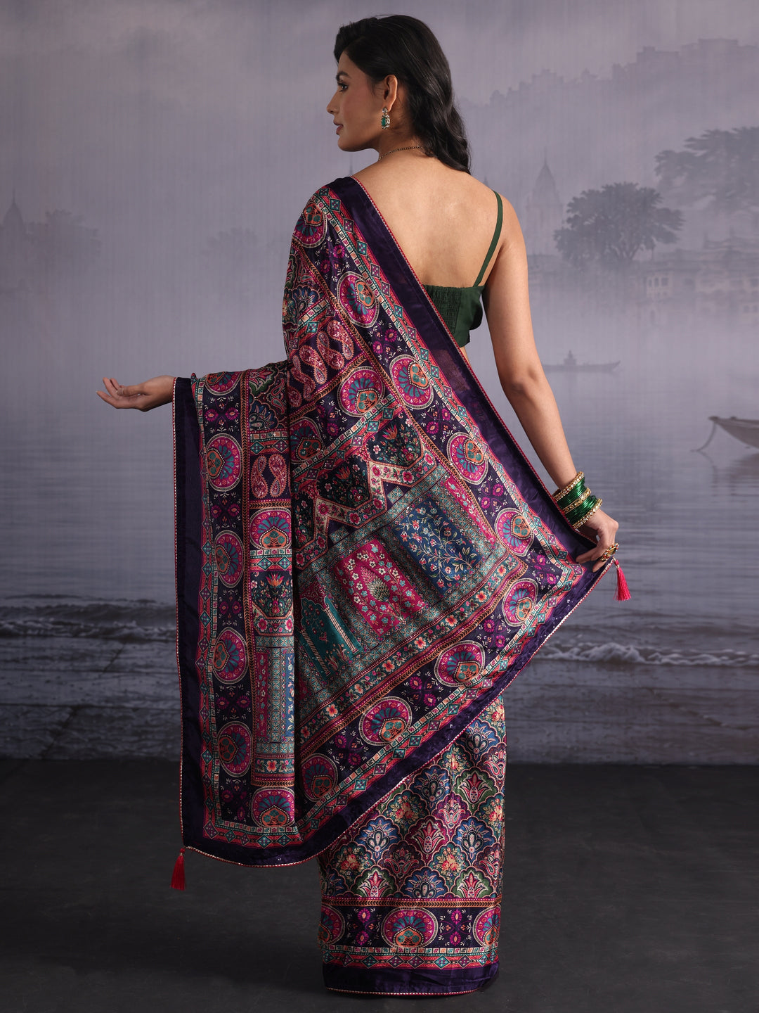 Libas Purple Multi Print Satin Saree