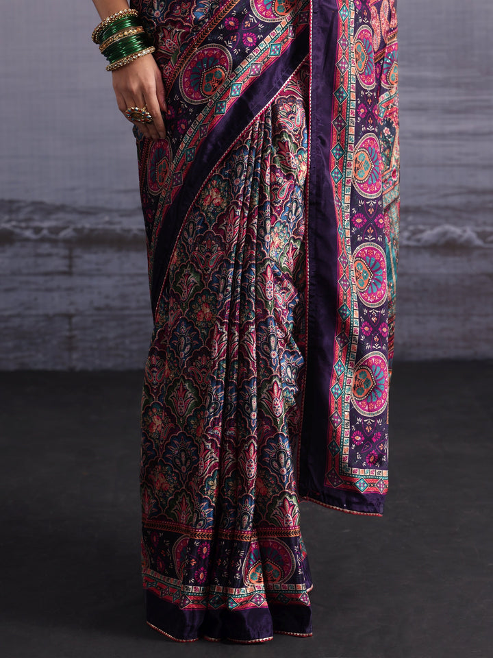 Libas Purple Multi Print Satin Saree