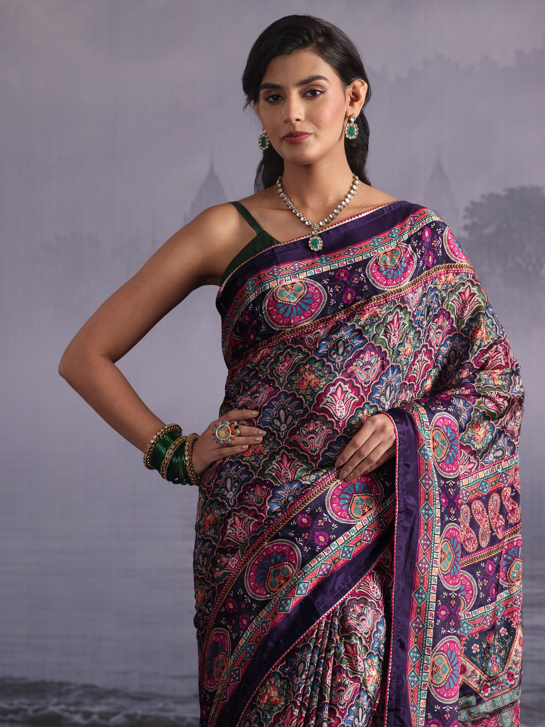 Libas Purple Multi Print Satin Saree