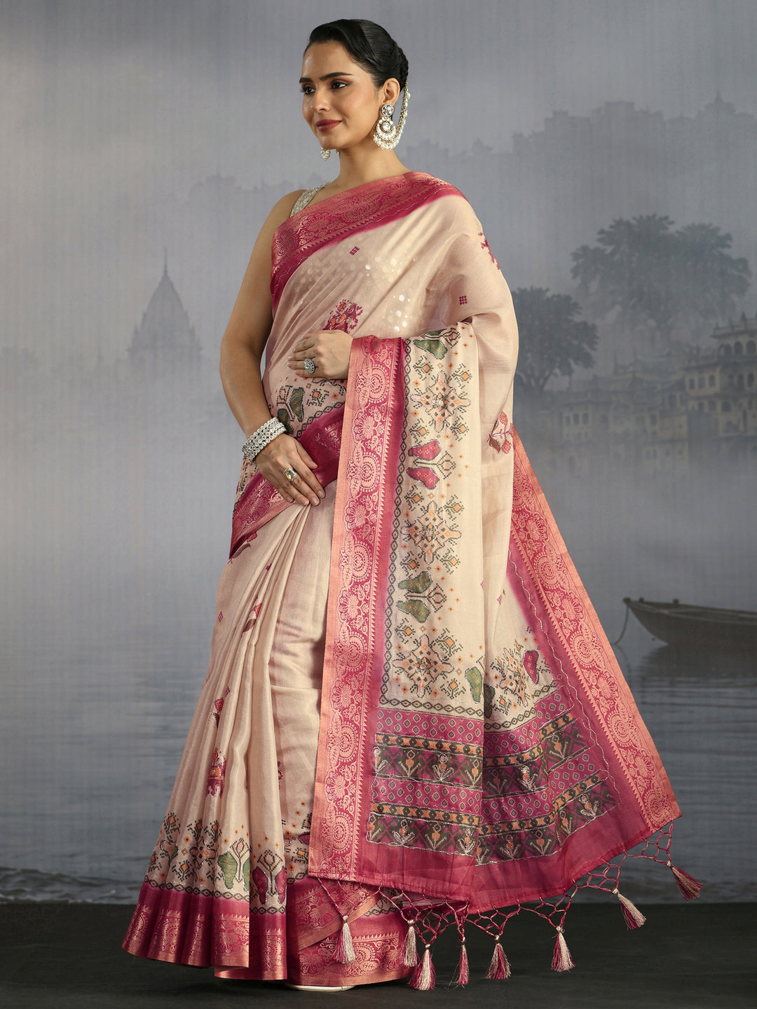 Libas Beige Patola Motif Printed Silk Blend Saree