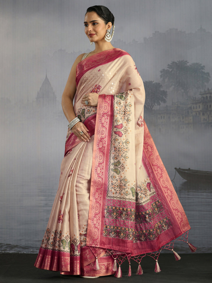 Libas Beige Patola Motif Printed Silk Blend Saree
