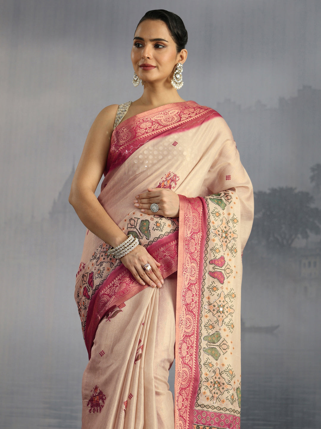 Libas Beige Patola Motif Printed Silk Blend Saree
