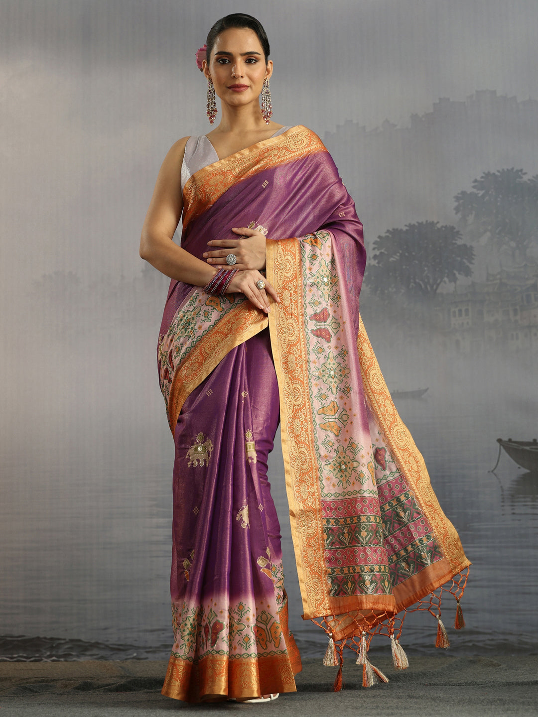 Libas Purple Patola Motif Printed Silk Blend Saree