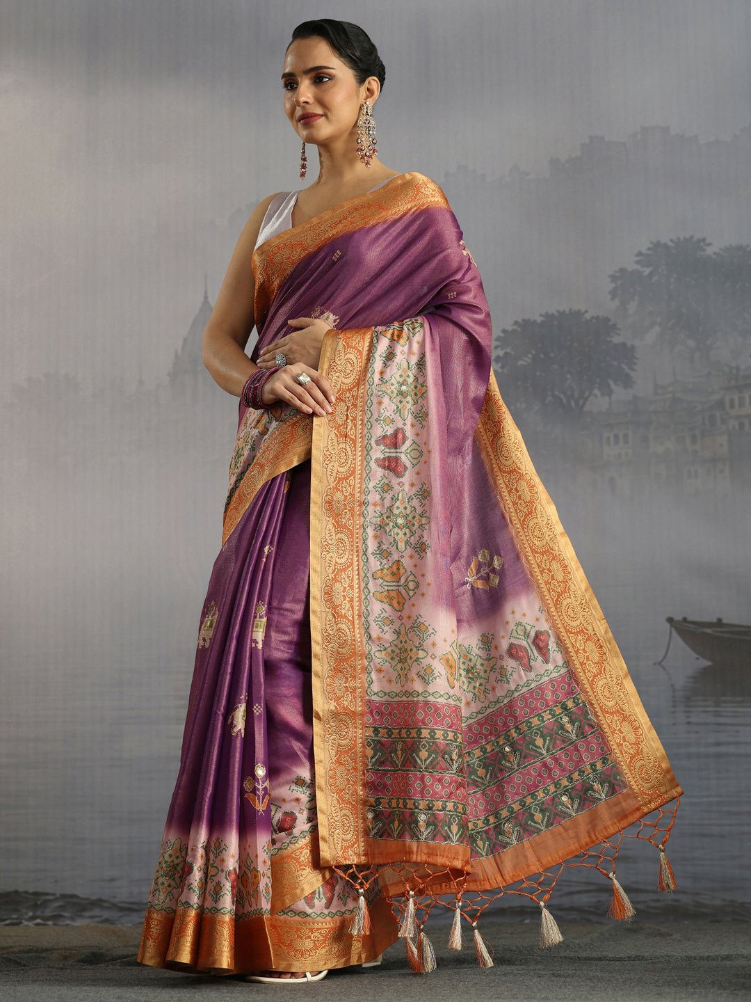Libas Purple Patola Motif Printed Silk Blend Saree