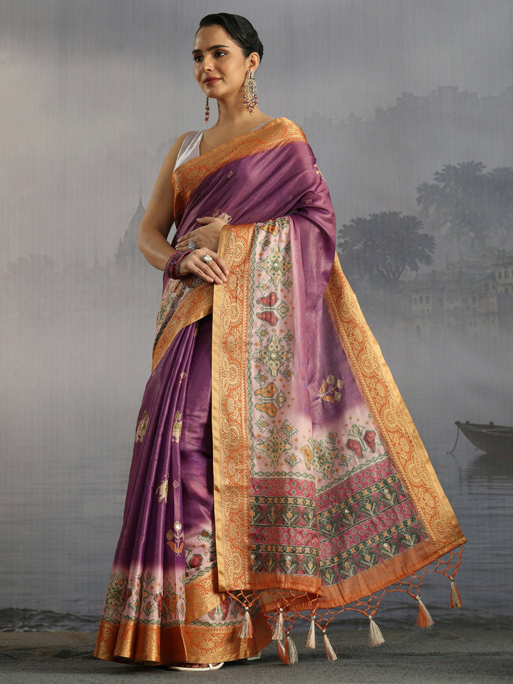 Libas Purple Patola Motif Printed Silk Blend Saree