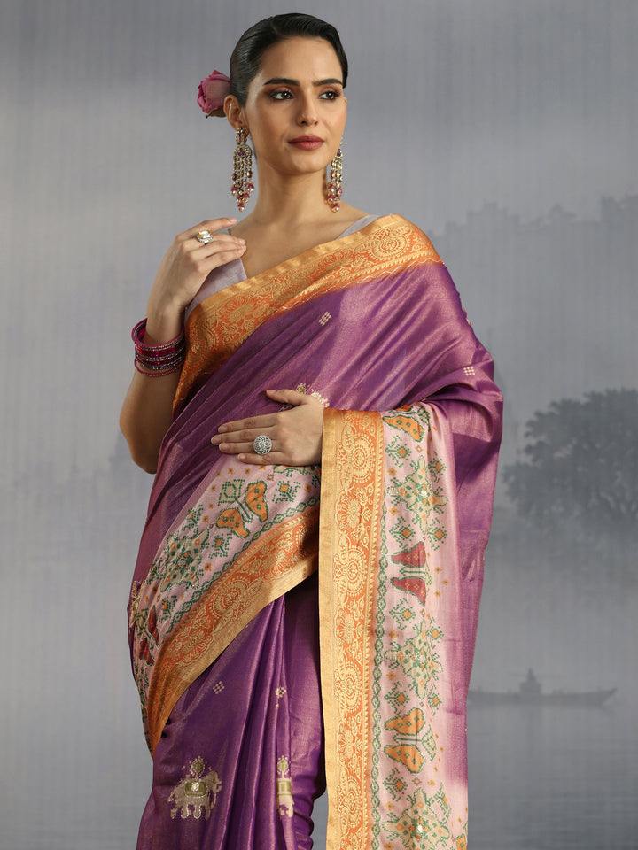 Libas Purple Patola Motif Printed Silk Blend Saree