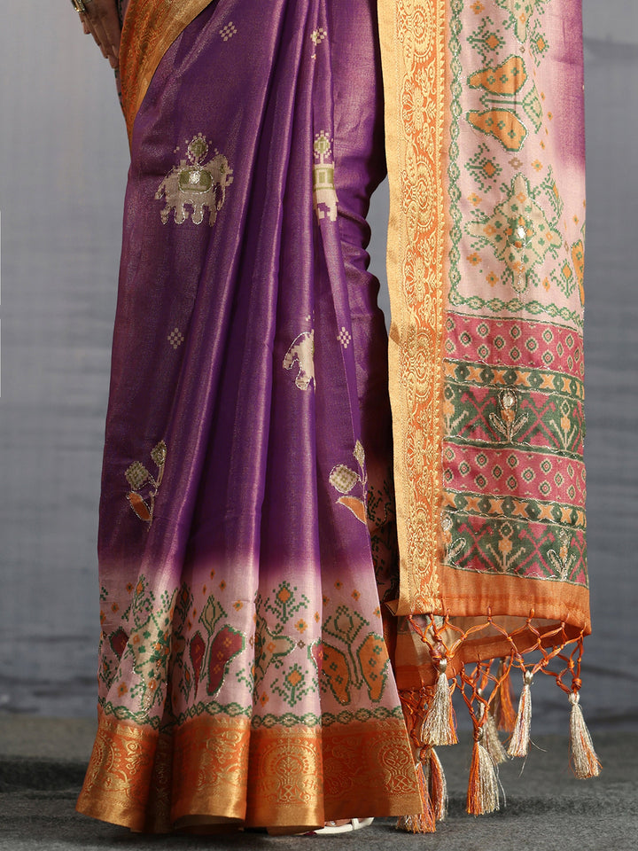 Libas Purple Patola Motif Printed Silk Blend Saree