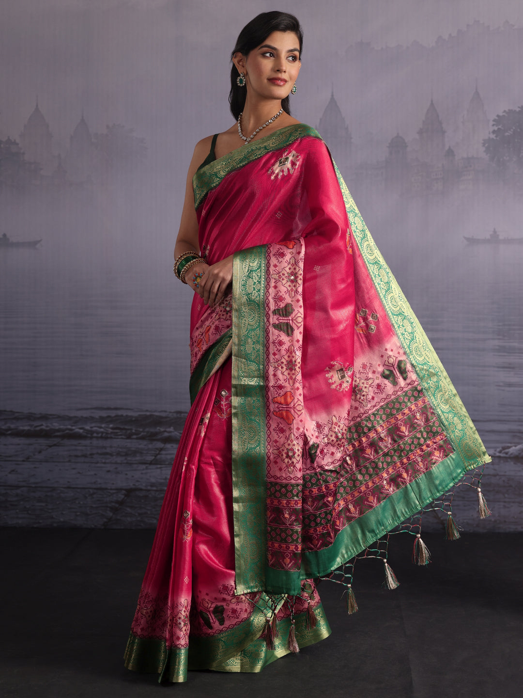 Libas Pink Patola Print Embellished Silk Blend Tassel Saree