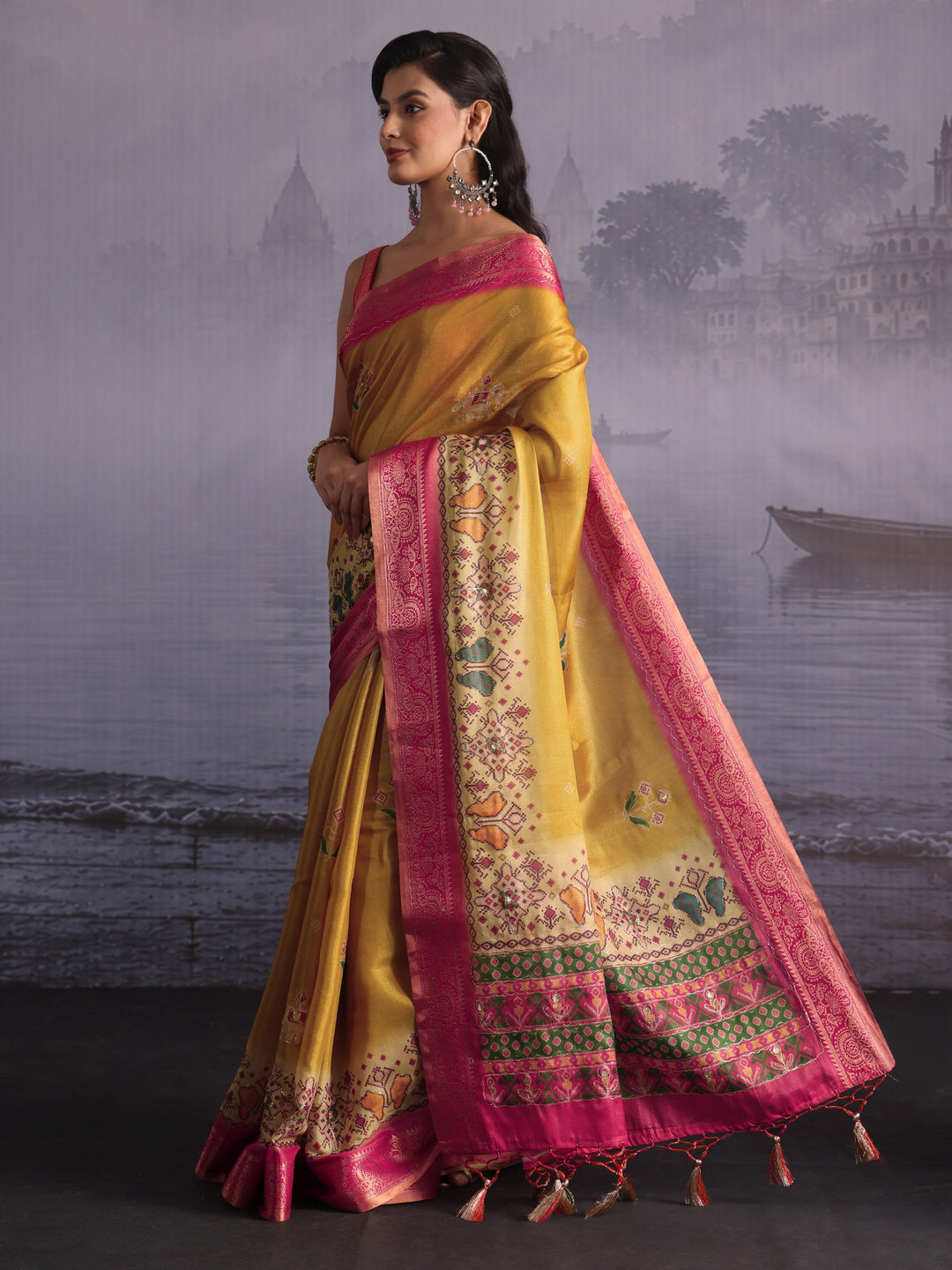Libas Mustard Patola Print Embellished Silk Blend Tassel Saree