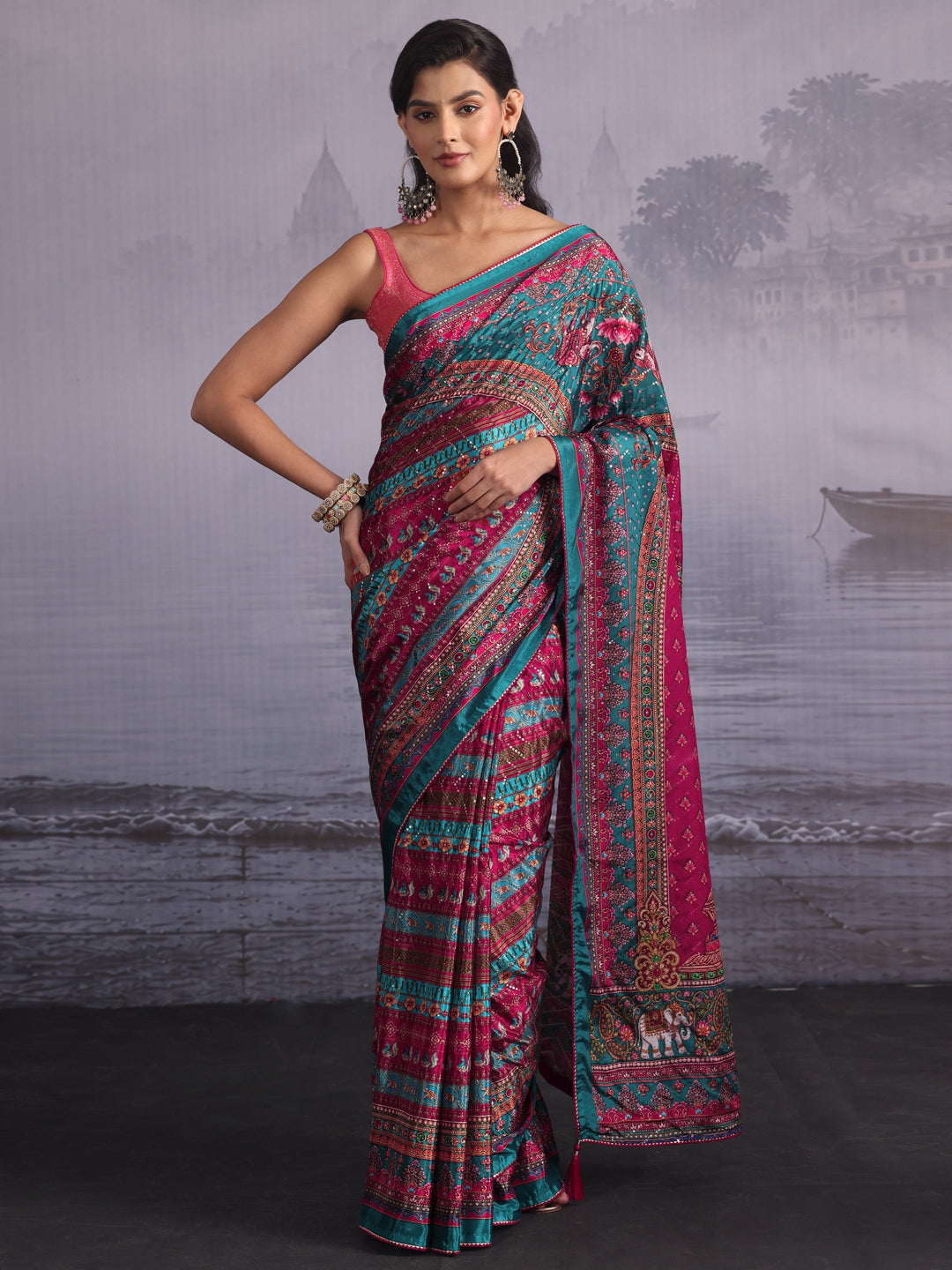 Libas Multicolour Print Sequined Satin Saree