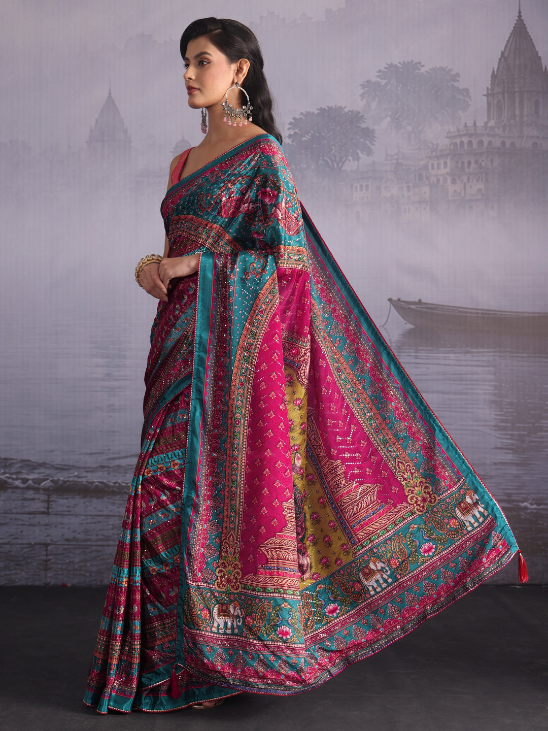 Libas Multicolour Print Sequined Satin Saree
