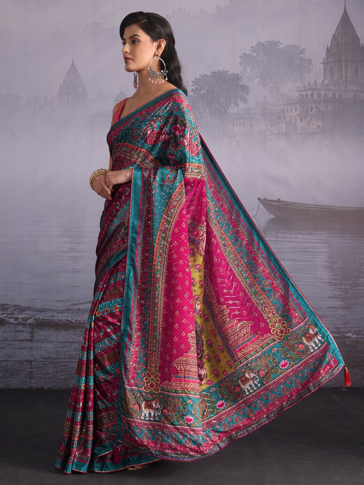 Libas Multicolour Print Sequined Satin Saree