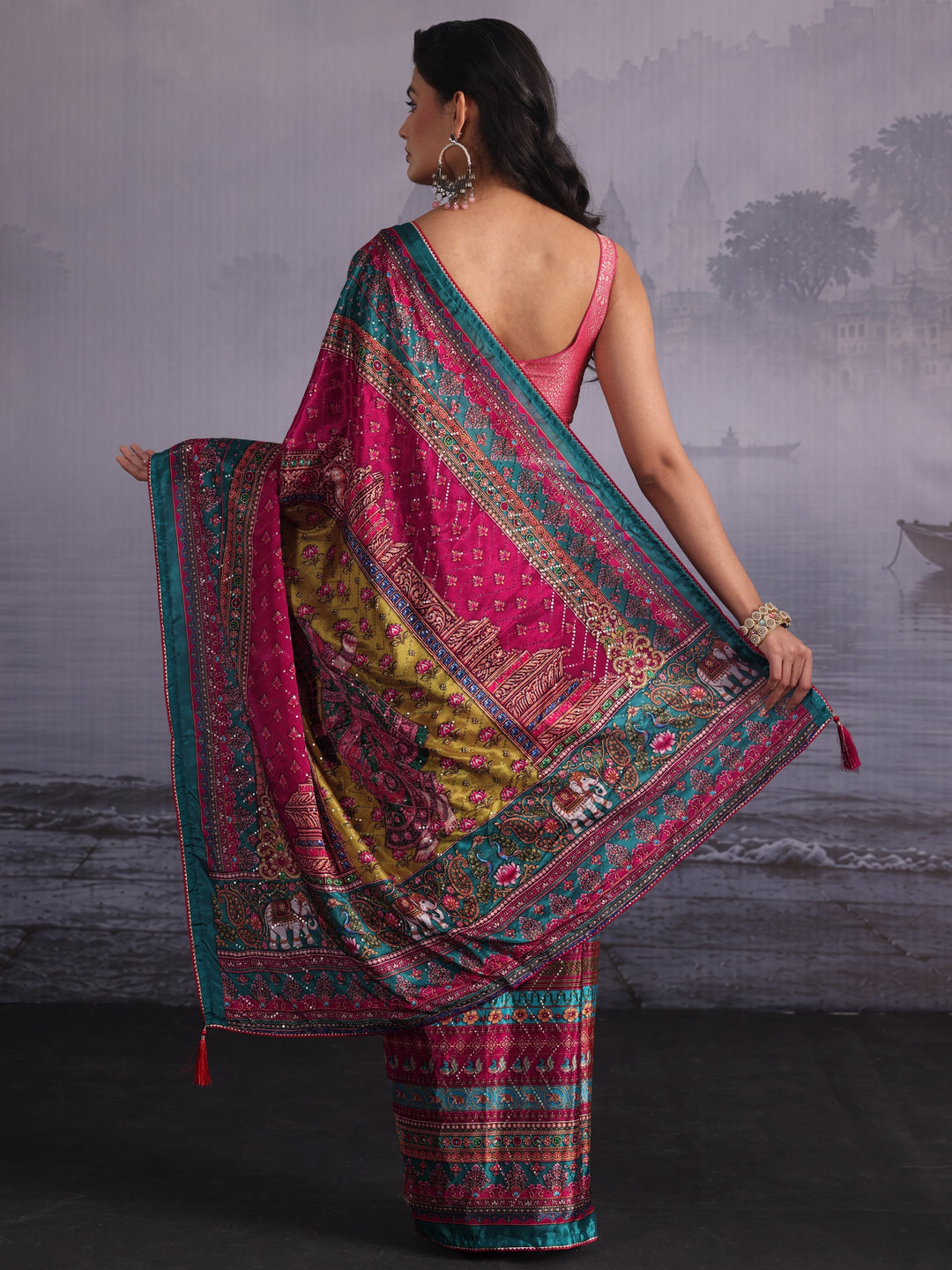 Libas Multicolour Print Sequined Satin Saree
