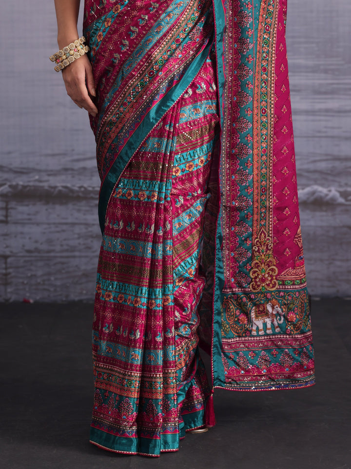 Libas Multicolour Print Sequined Satin Saree