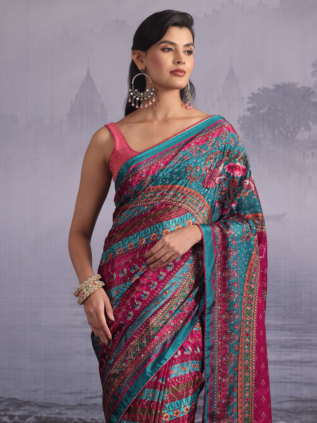 Libas Multicolour Print Sequined Satin Saree