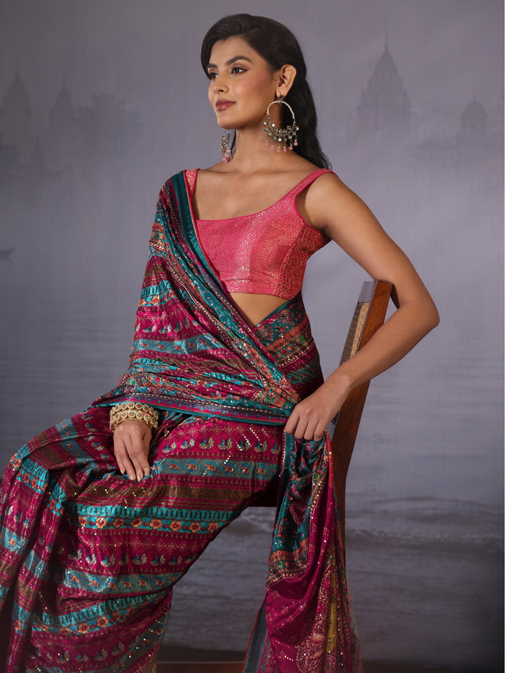 Libas Multicolour Print Sequined Satin Saree