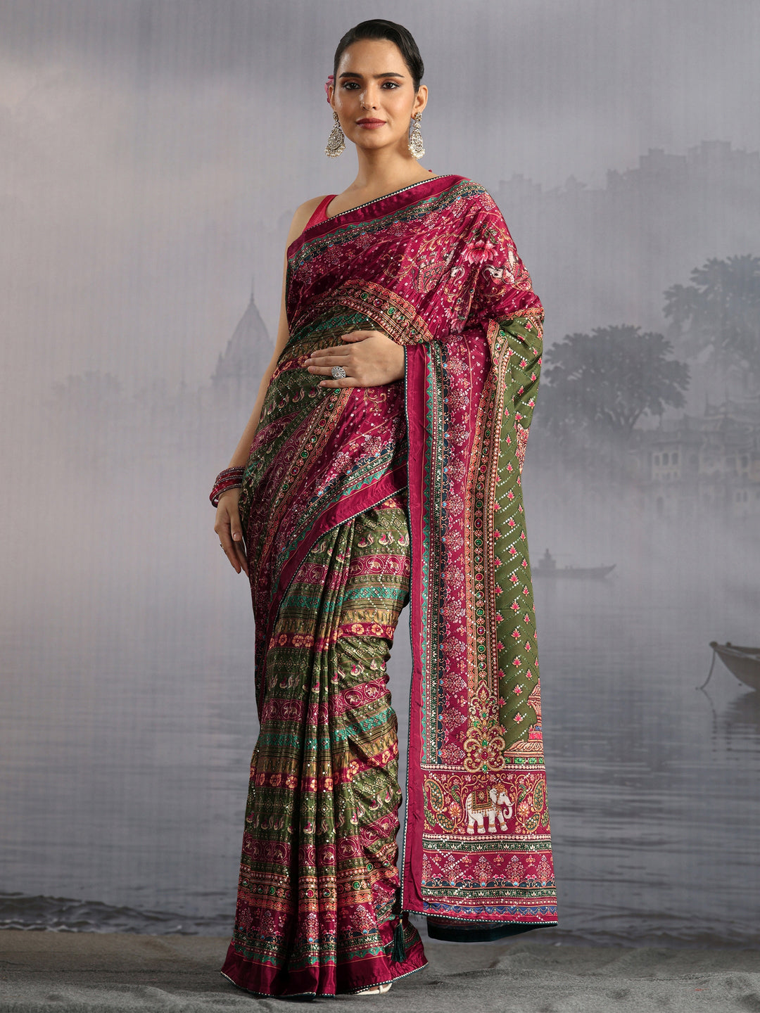 Libas Multicolour Mughal Print Sequin Satin Saree
