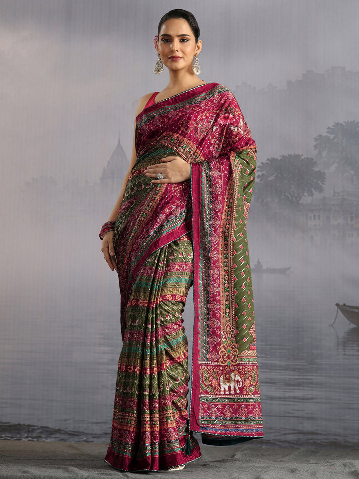 Libas Multicolour Mughal Print Sequin Satin Saree