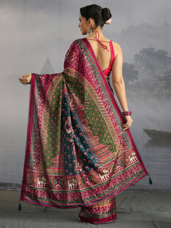Libas Multicolour Mughal Print Sequin Satin Saree