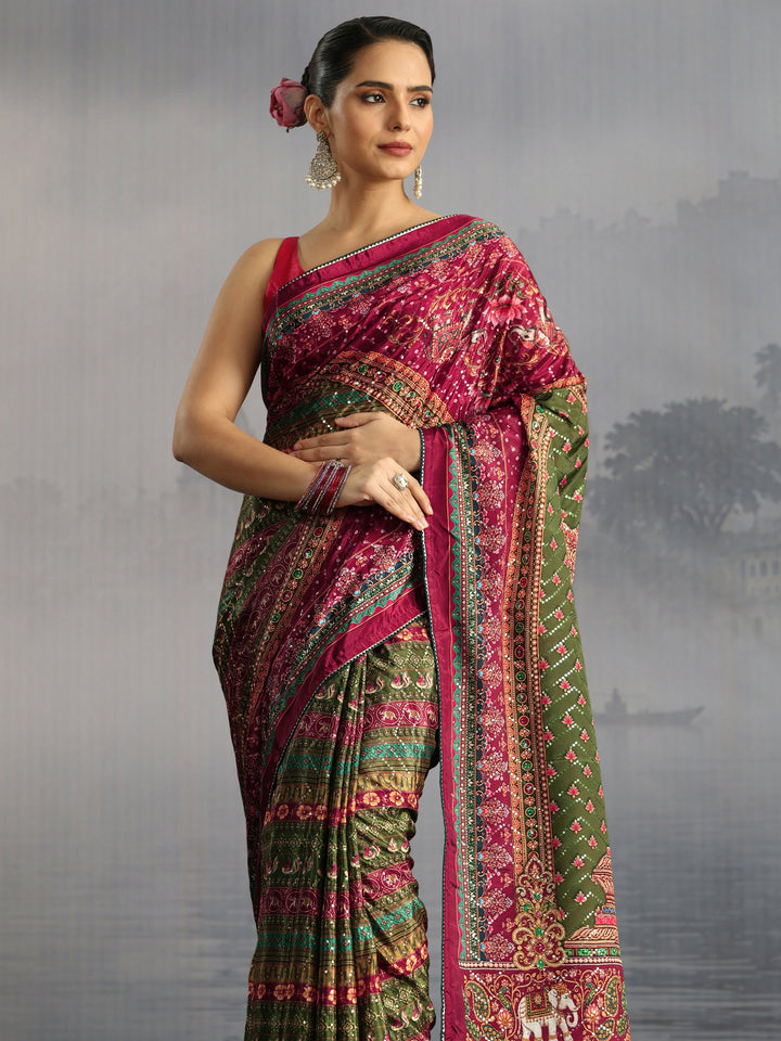 Libas Multicolour Mughal Print Sequin Satin Saree