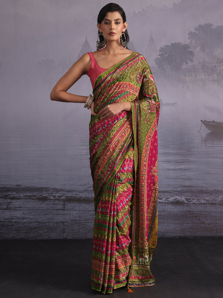 Libas Multicolour Print Sequined Satin Saree